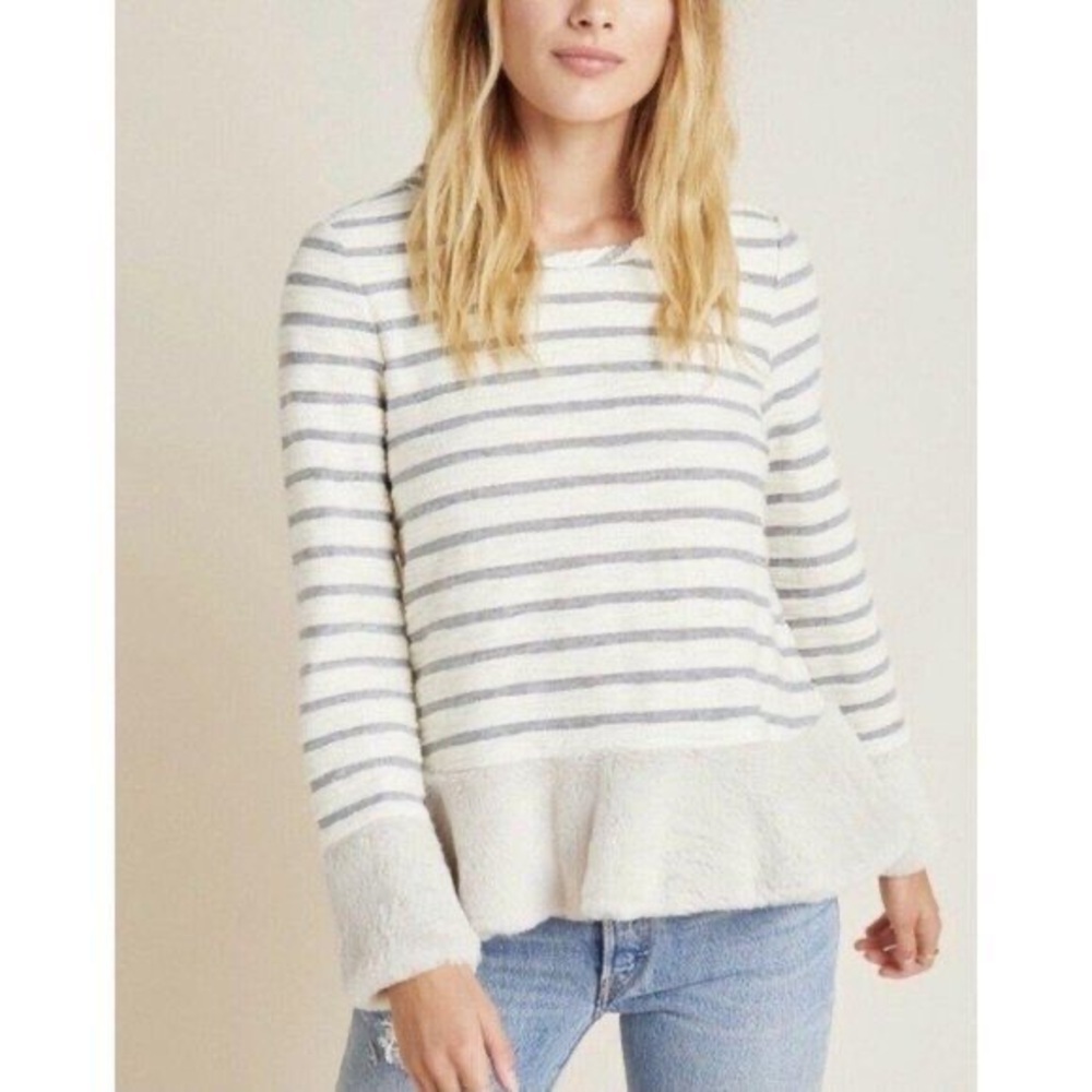 Maeve by Anthropologie Astor Fur Trim Pullover Sweatshirt Striped Womens Small